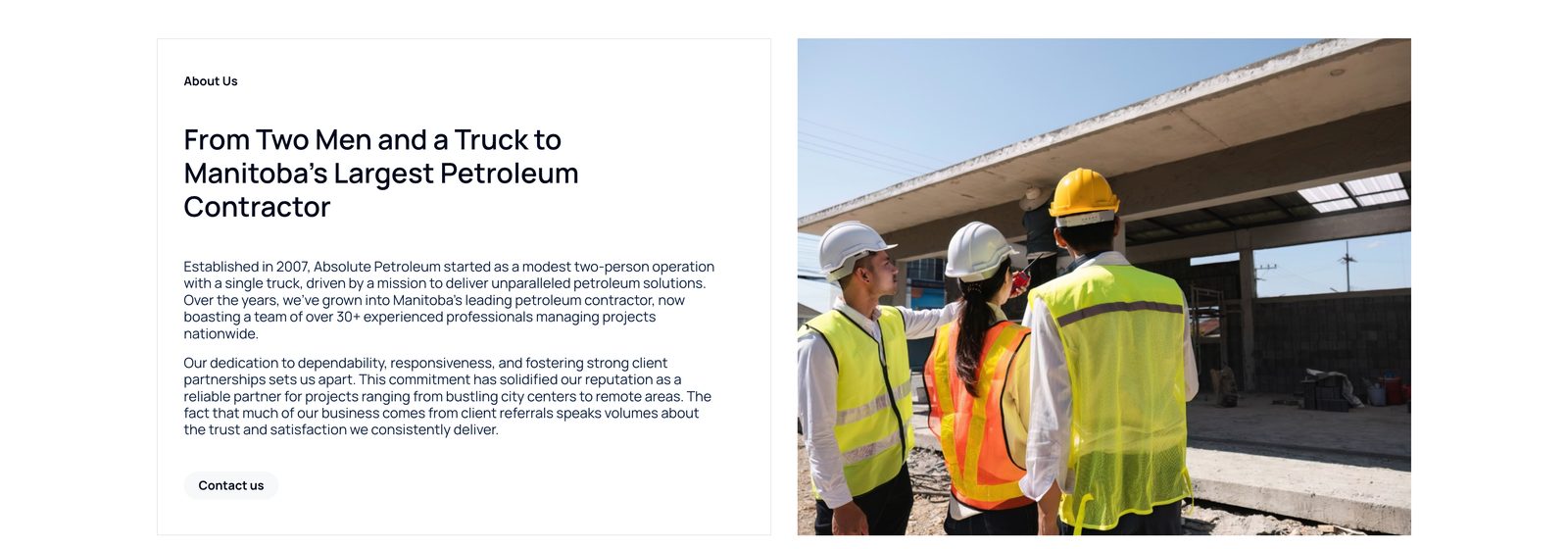 About Us section titled "From Two Men and a Truck to Manitoba's Largest Petroleum Contractor" next to a photo of three workers in safety gear on a job site