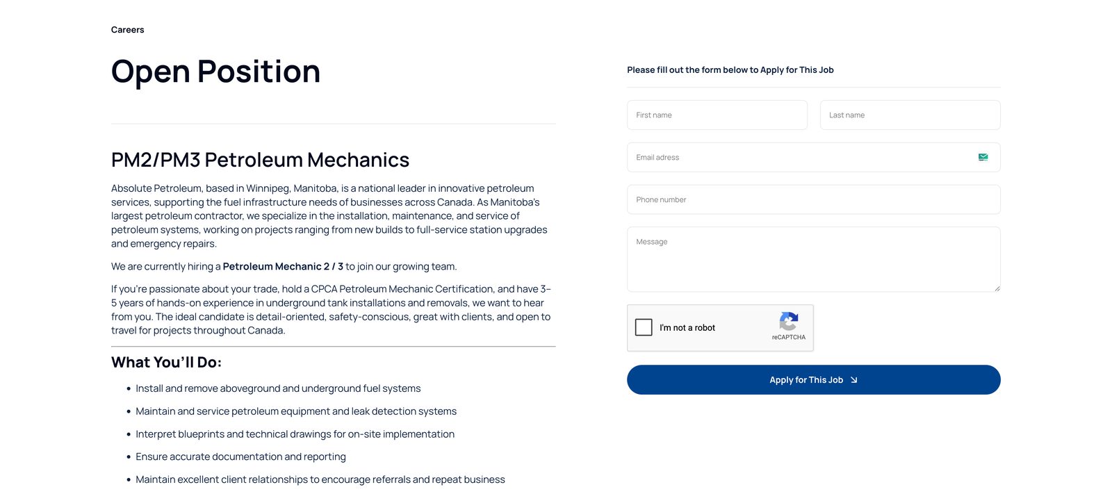 Absolute Petroleum careers page showing the open PM2/PM3 Petroleum Mechanics job posting next to a short application form