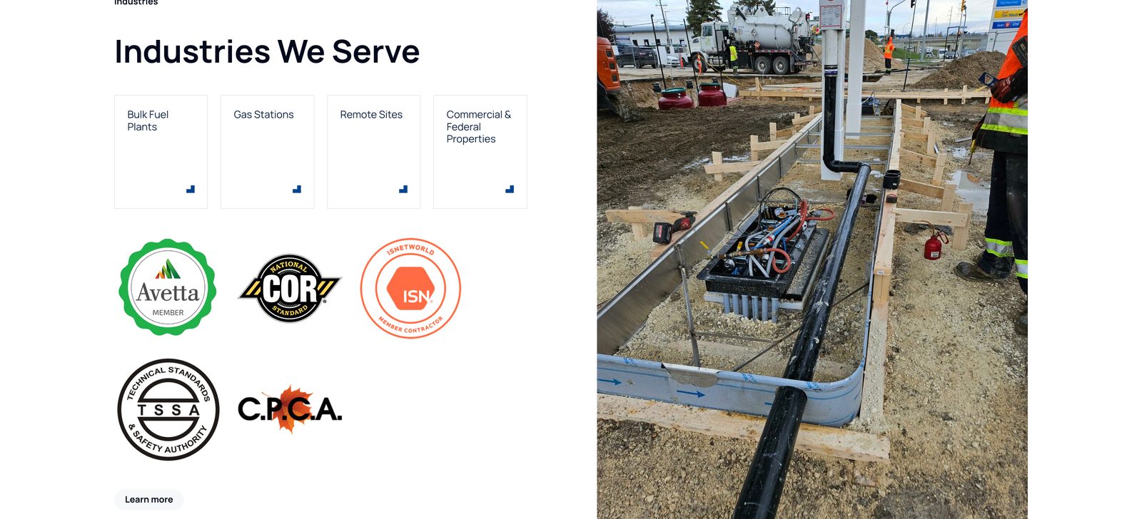 Industries We Serve grid and safety certification badges including Avetta, COR, ISNetworld, TSSA, and CPCA, next to a photo of a fuel system installation