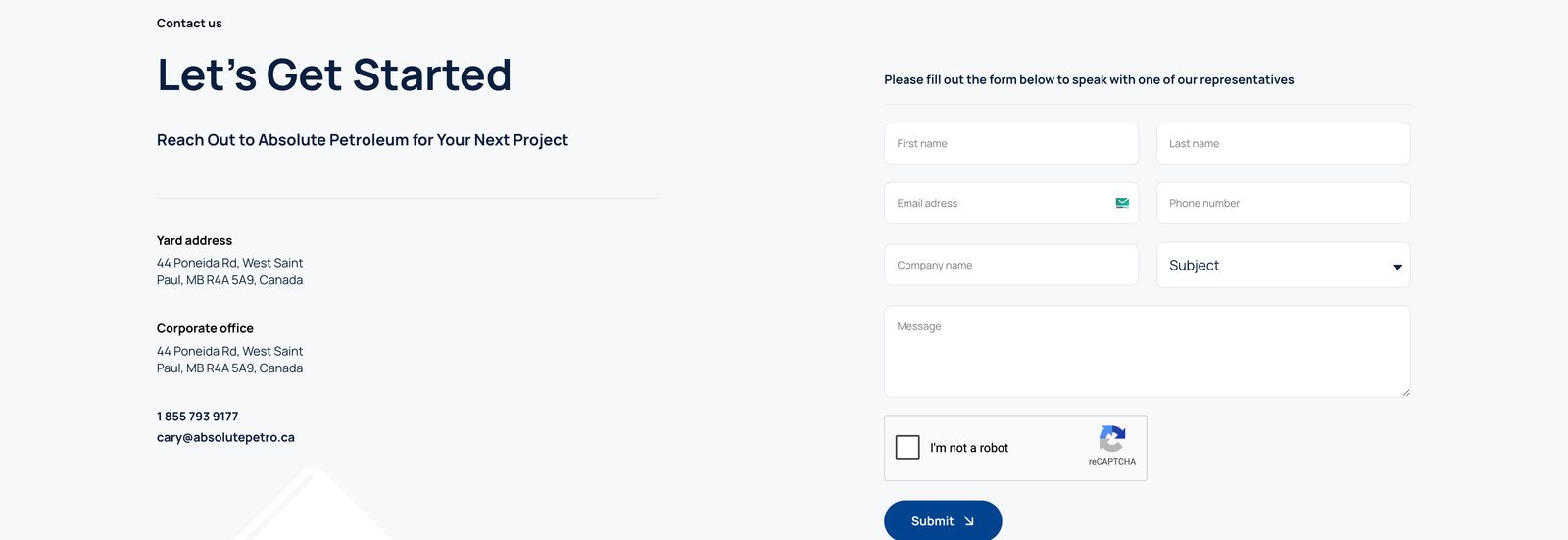 Absolute Petroleum contact page titled "Let's Get Started" with the company address, phone number, and a short contact form