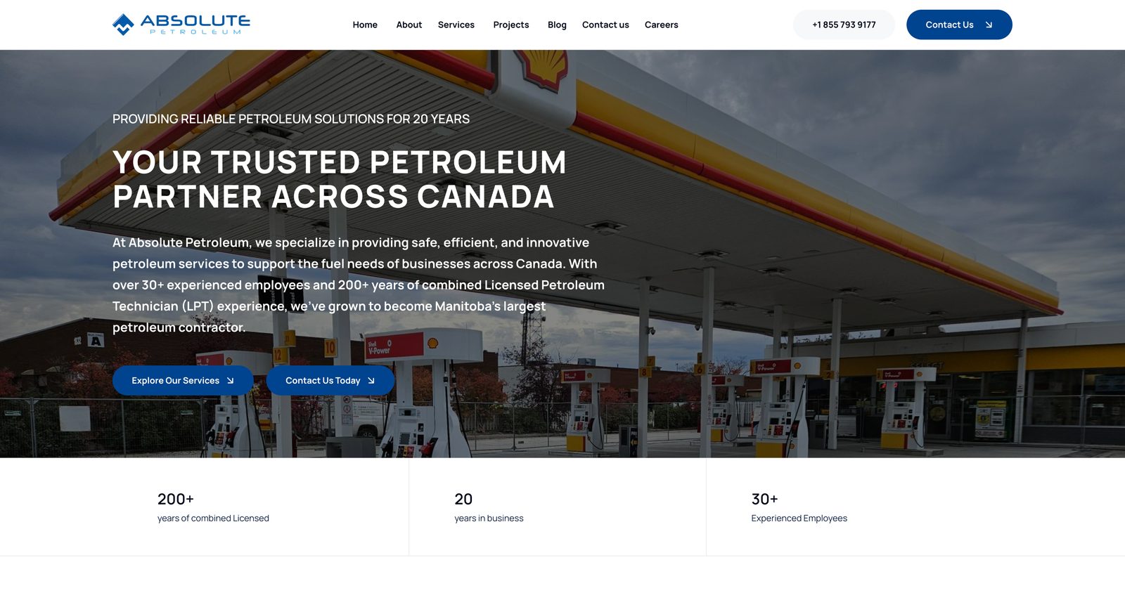 Absolute Petroleum homepage hero showing the "Your Trusted Petroleum Partner Across Canada" headline and the 200+ years, 20 years, and 30+ employees stat bar