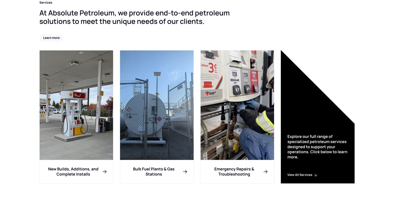 Absolute Petroleum services grid showing New Builds, Bulk Fuel Plants & Gas Stations, and Emergency Repairs with real project photos