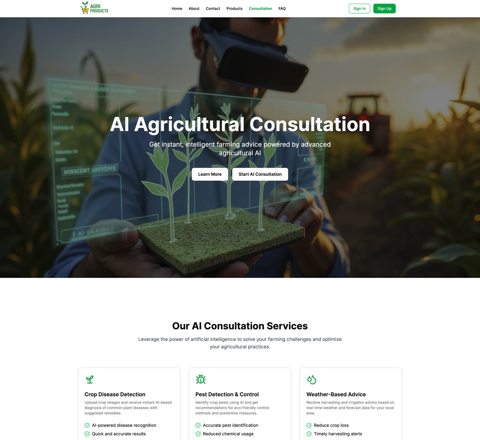 AgriProduct AI Agricultural Consultation page listing Crop Disease Detection, Pest Detection, and Weather-Based Advice services