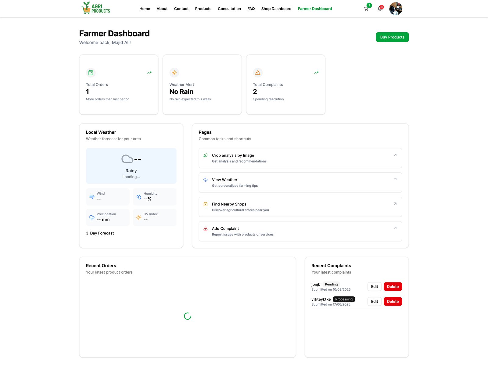 AgriProduct Farmer Dashboard showing orders, weather alerts, local forecast, and quick shortcuts to crop analysis and complaints