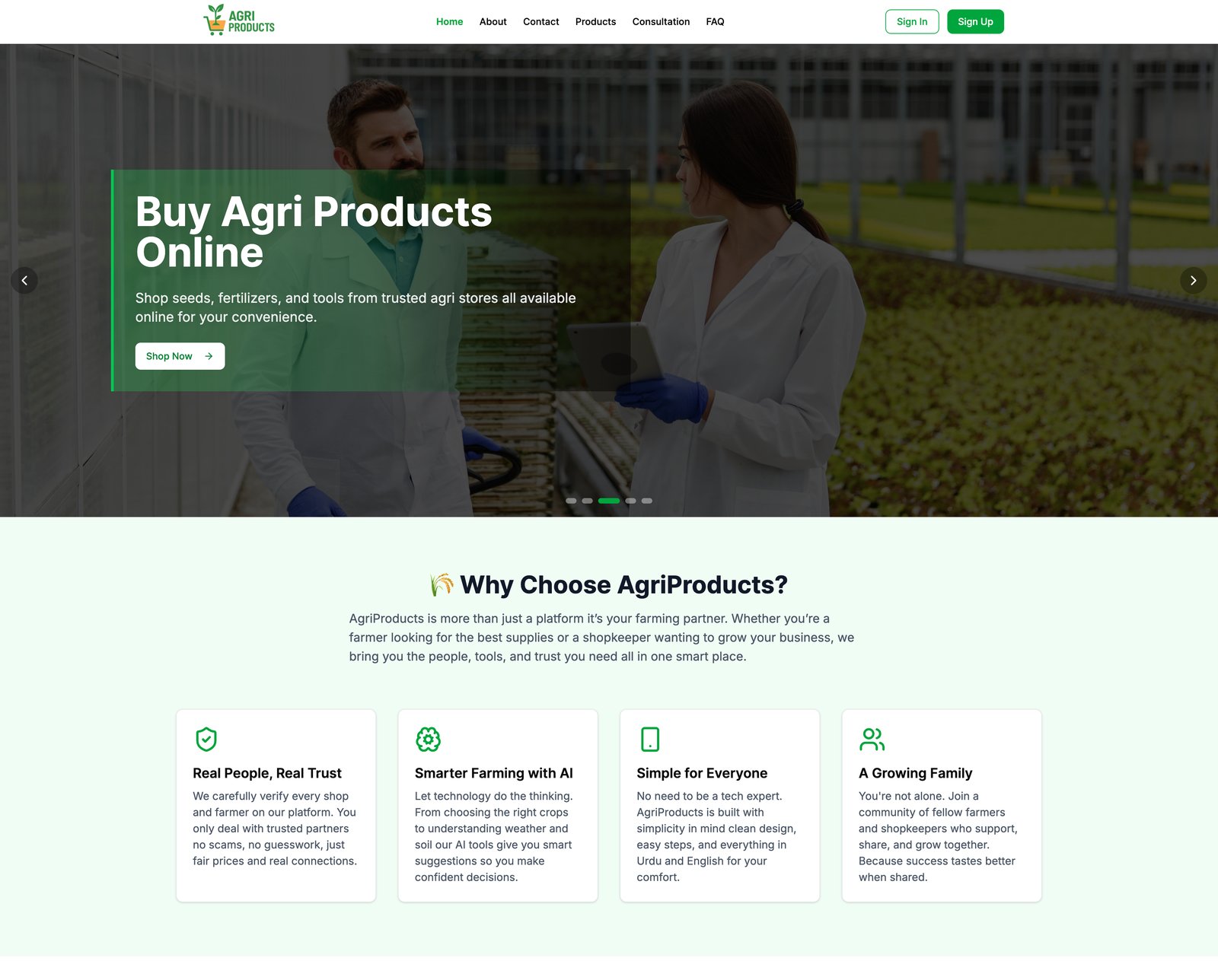 AgriProduct homepage hero and "Why Choose AgriProducts" section covering trust, AI, simplicity, and community