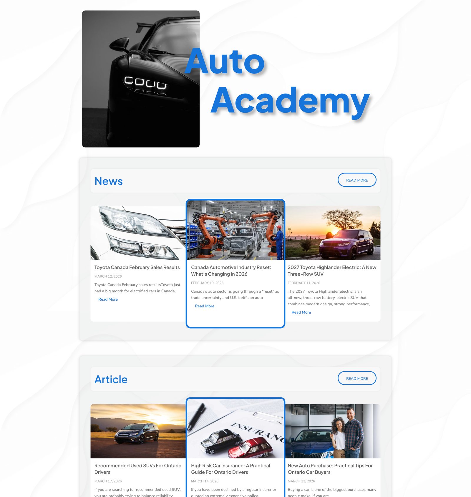 CarRookie Auto Academy content hub showing News and Article sections with automotive guides