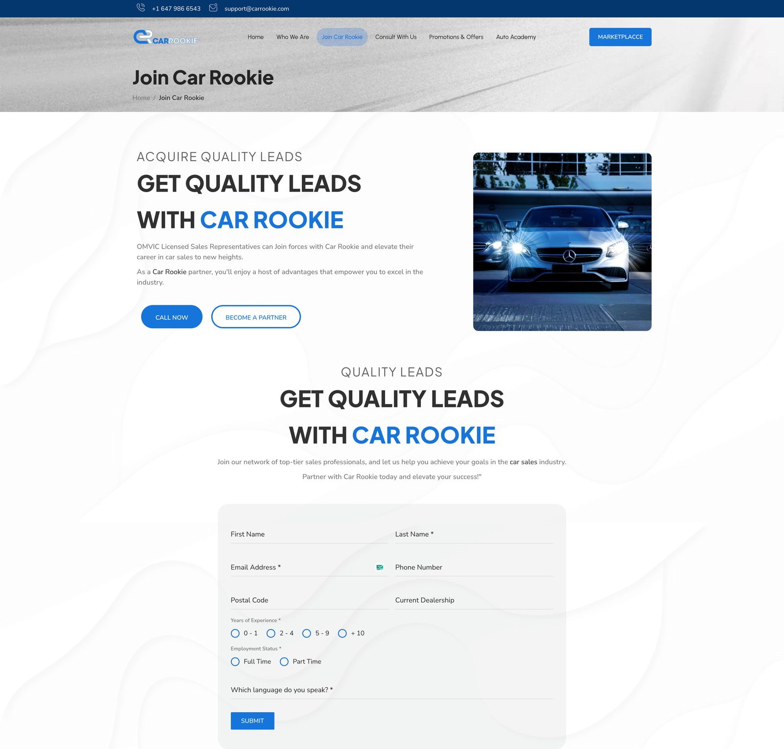 CarRookie "Join Car Rookie" page with the sales agent recruitment message and sign-up form