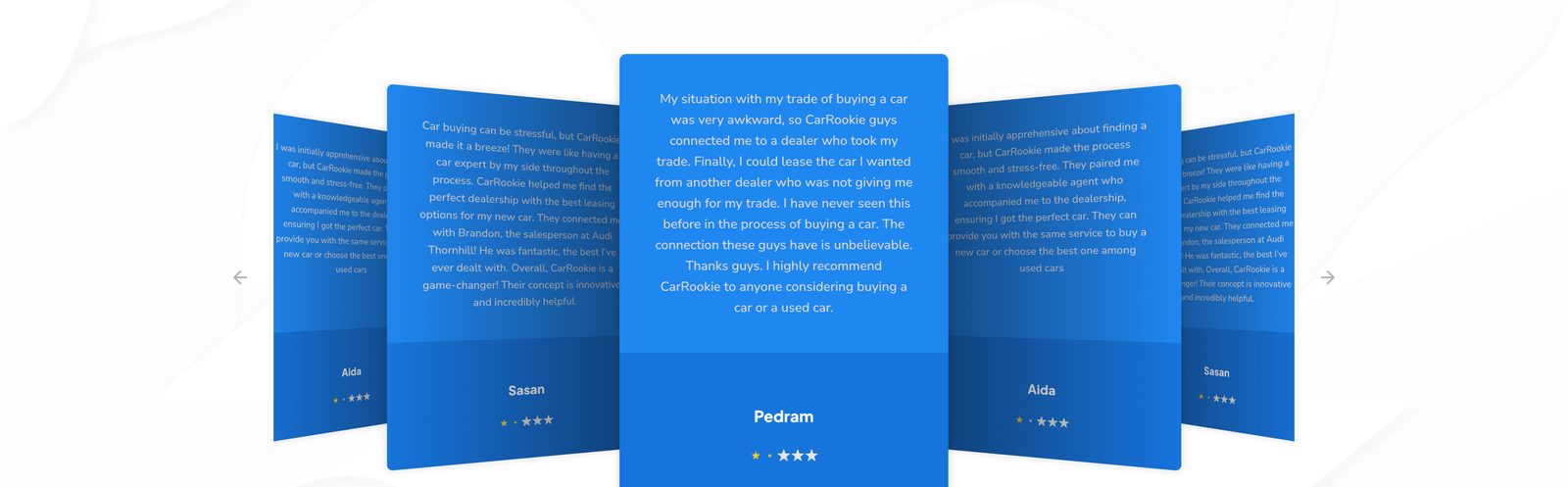 CarRookie testimonial carousel showing real customer reviews from Pedram, Sasan, and Aida