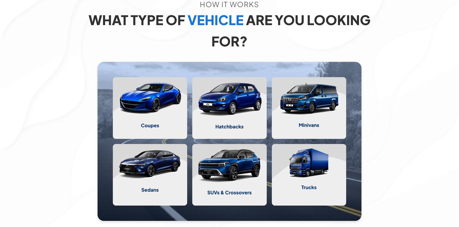 CarRookie vehicle type picker showing Coupes, Hatchbacks, Minivans, Sedans, SUVs & Crossovers, and Trucks