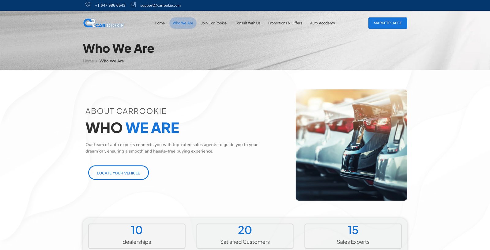 CarRookie "Who We Are" page showing the company stats: 10 dealerships, 20 satisfied customers, and 15 sales experts