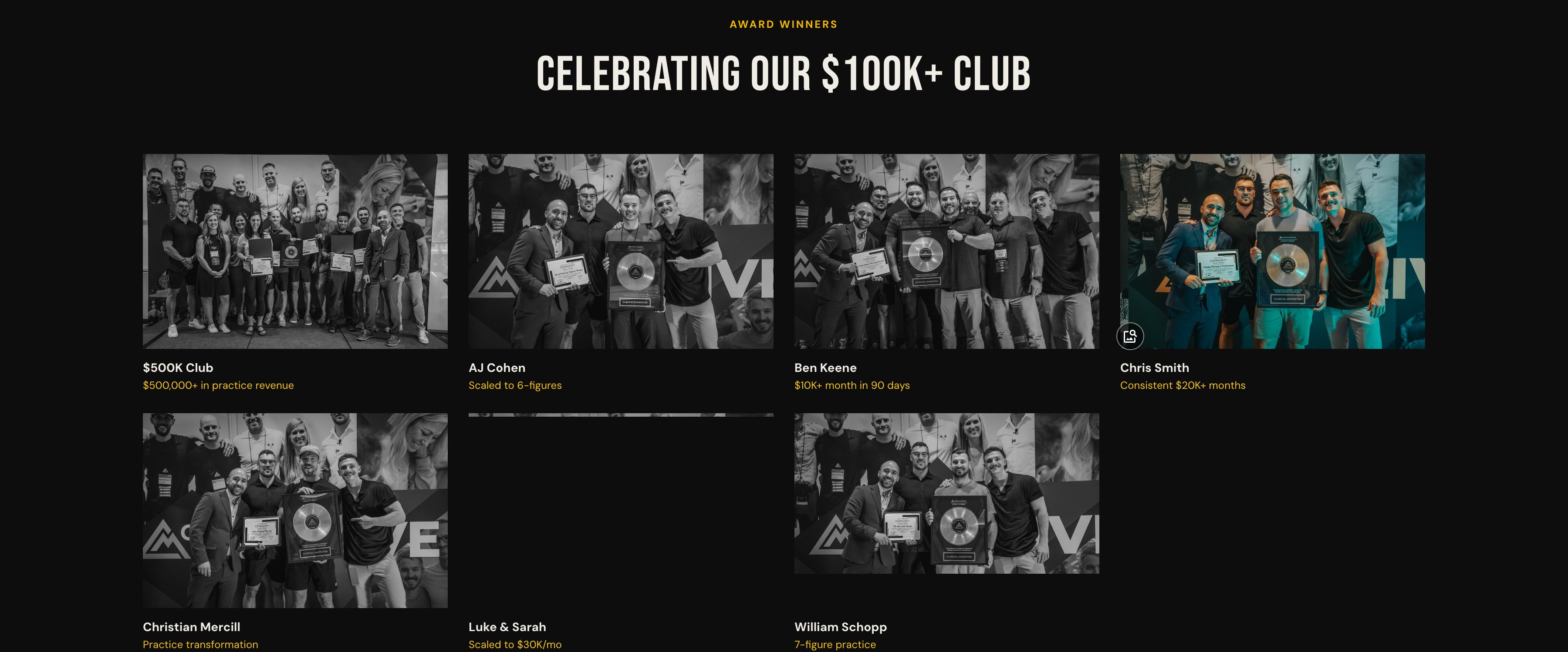 Celebrating Our $100K+ Club photo grid on the Client Success page, showing award photos for clients like AJ Cohen, Ben Keene, and William Schopp