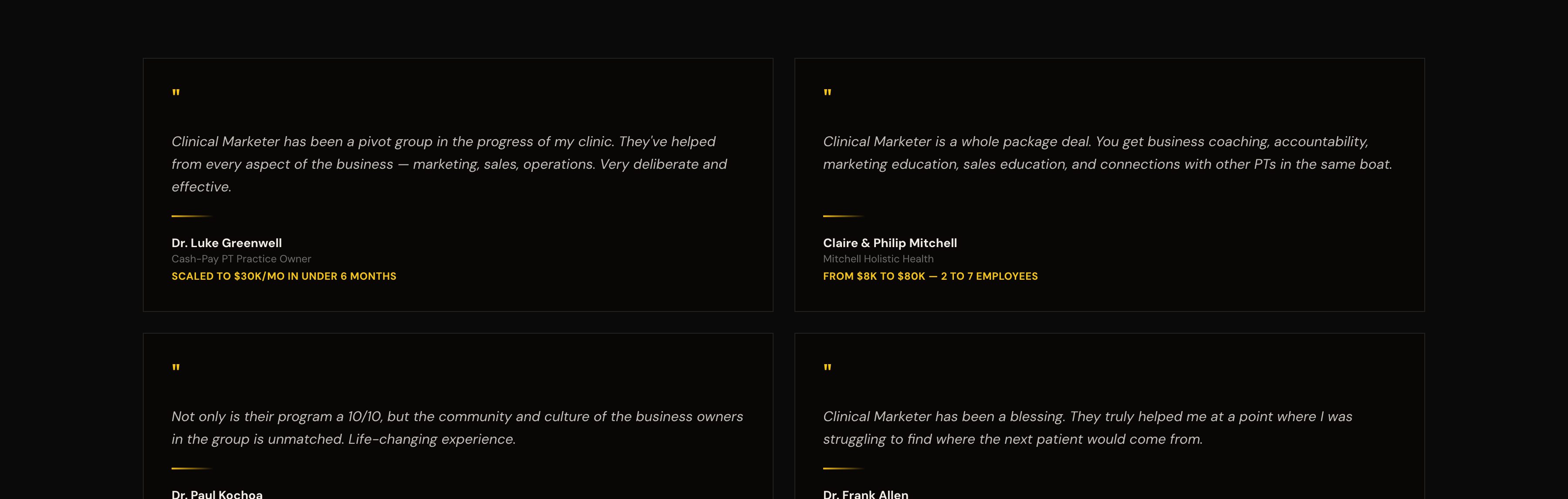 Client testimonial cards on the homepage with results like scaling to $30K/mo in under 6 months and going from $8K to $80K in revenue