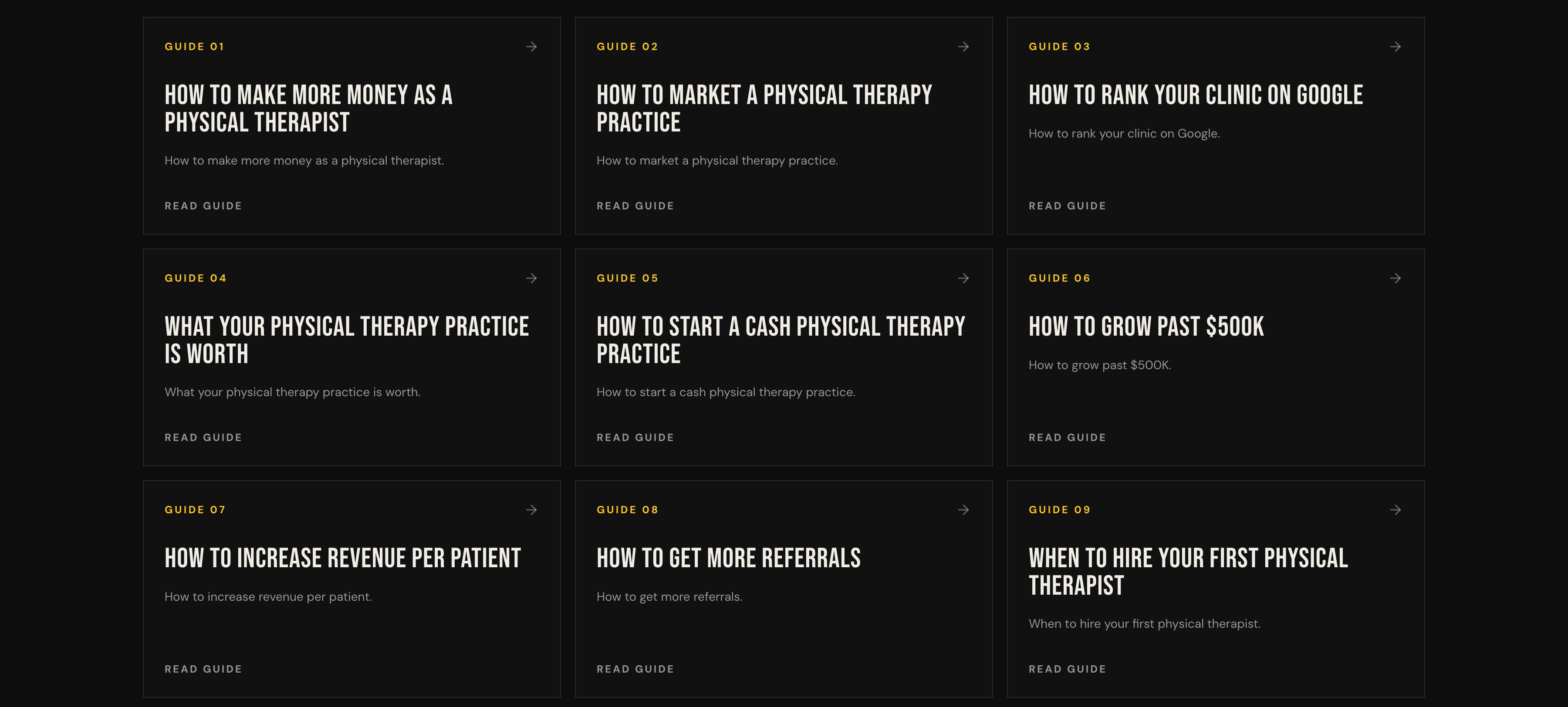 Guides for Cash Physical Therapy Practice Owners grid showing nine guide cards including How to Make More Money as a Physical Therapist and How to Rank Your Clinic on Google