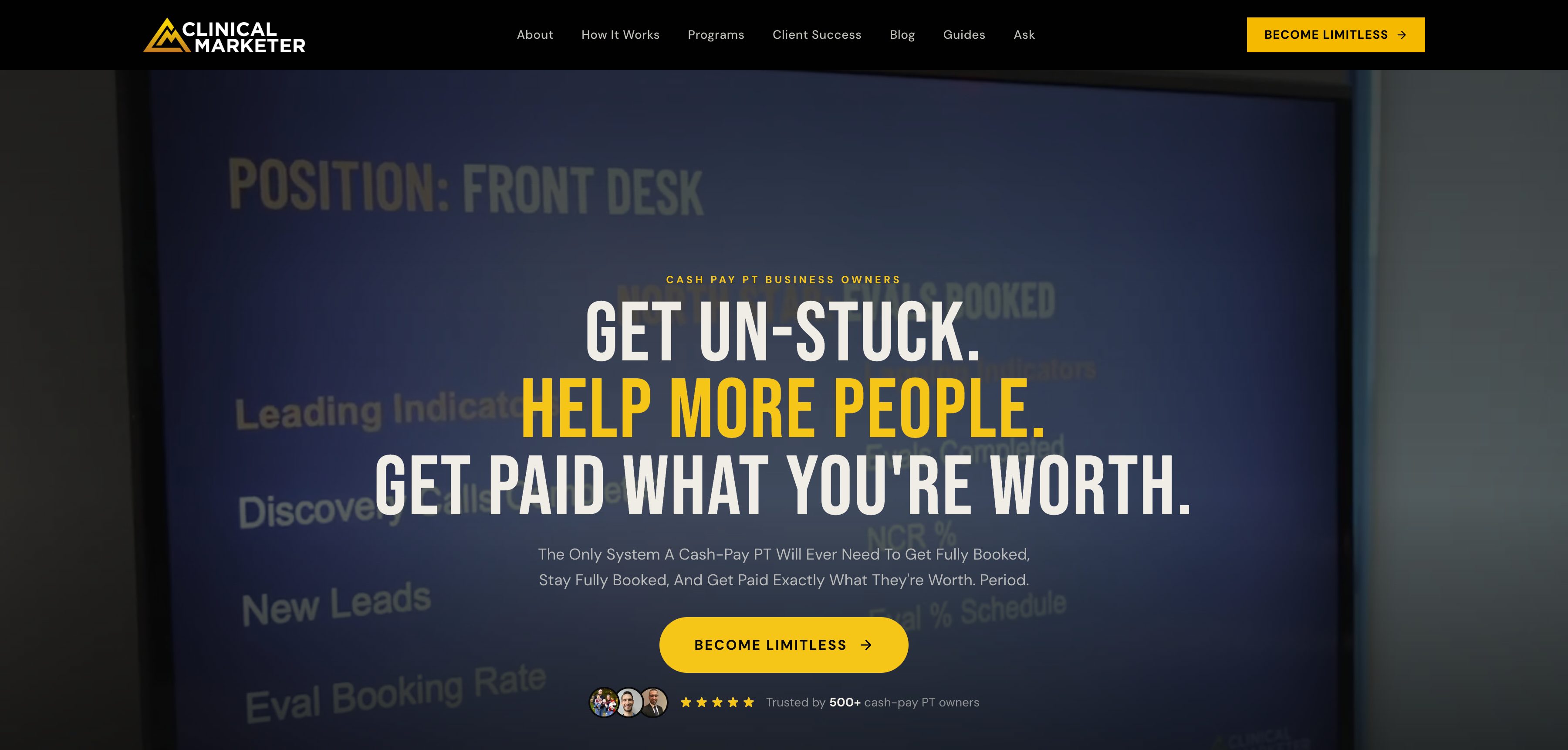Clinical Marketer homepage hero with the headline "Get Un-Stuck. Help More People. Get Paid What You're Worth." and a Become Limitless call to action