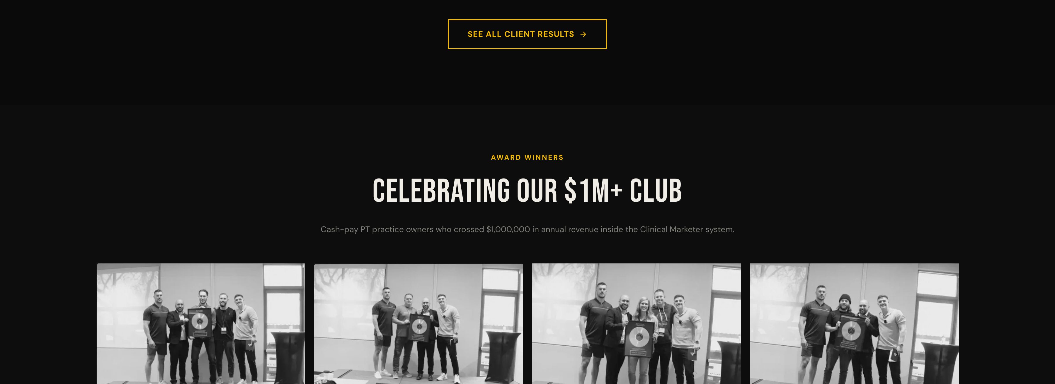 Celebrating Our $1M+ Club photo grid showing award ceremony photos of cash-pay PT practice owners who crossed $1,000,000 in annual revenue