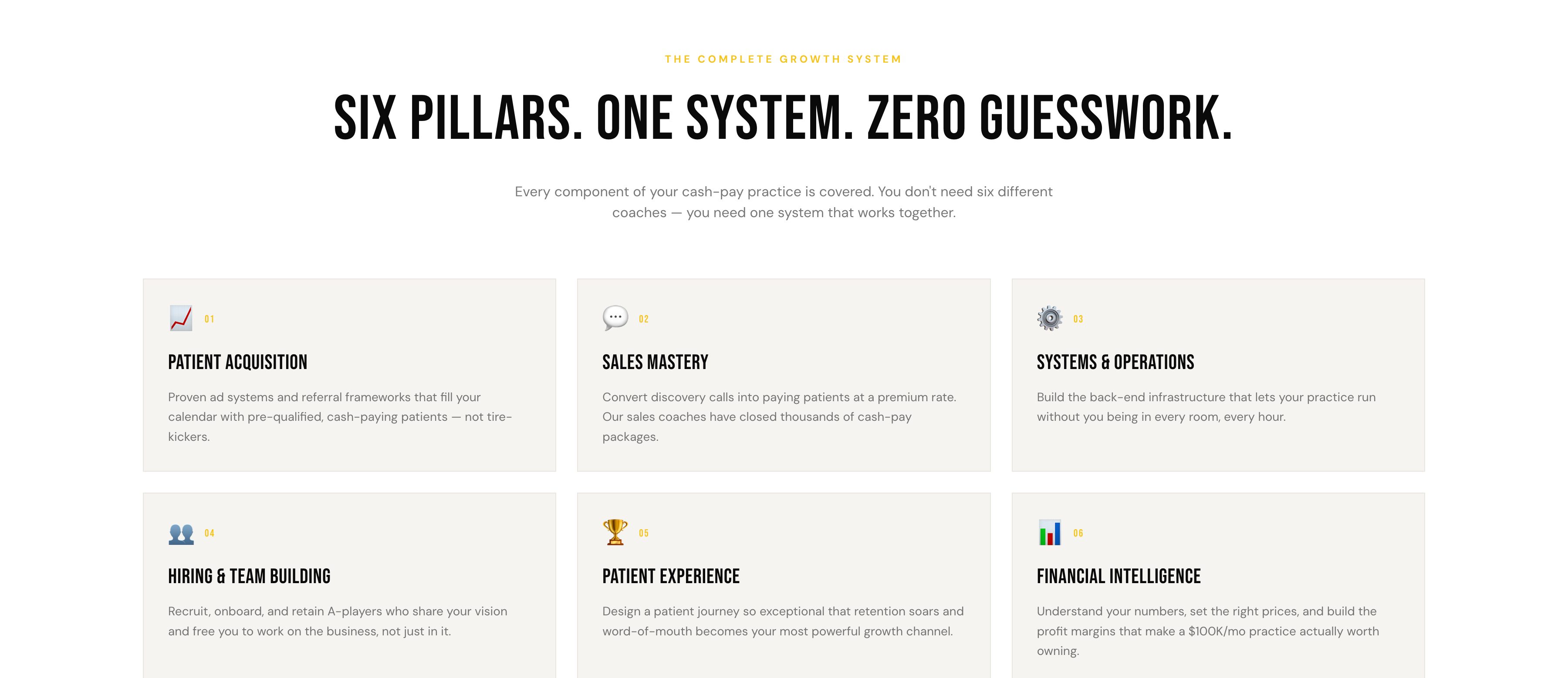 Six Pillars section breaking the coaching system into Patient Acquisition, Sales Mastery, Systems & Operations, Hiring & Team Building, Patient Experience, and Financial Intelligence