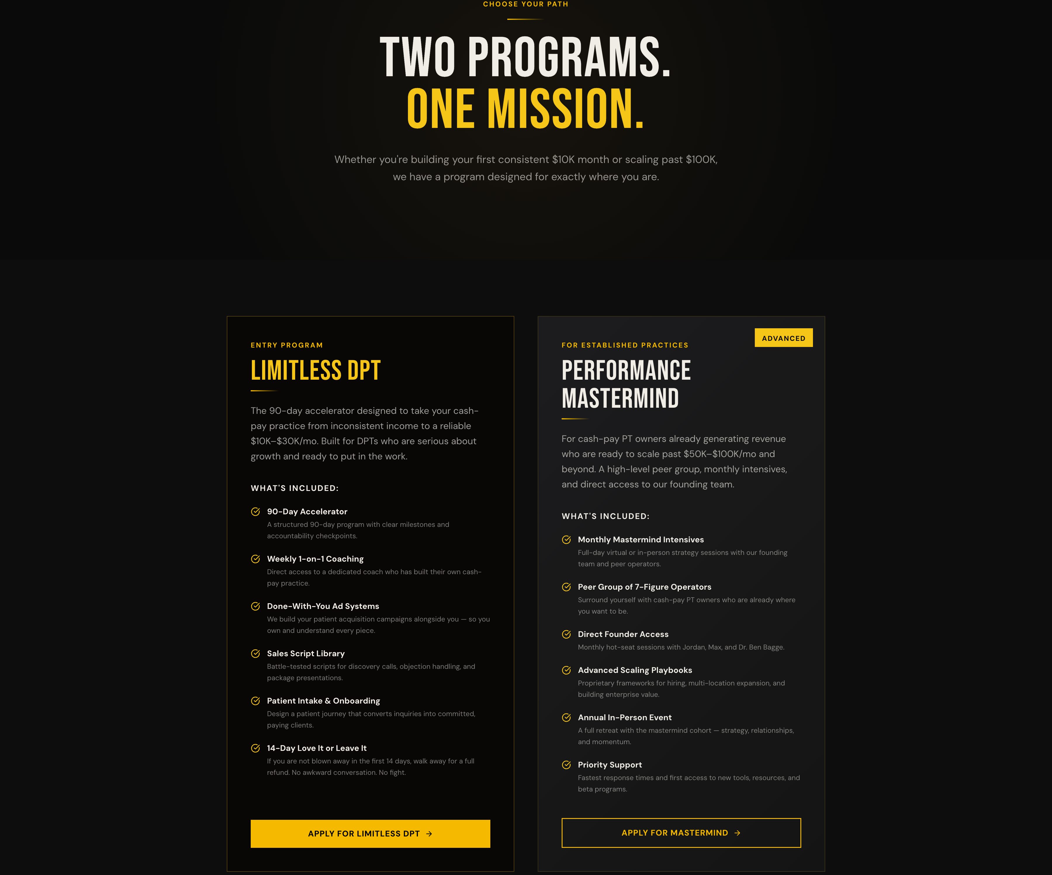 Two Programs, One Mission page comparing Limitless DPT, a 90-day accelerator, against the Performance Mastermind for established practices scaling past $50K-$100K per month