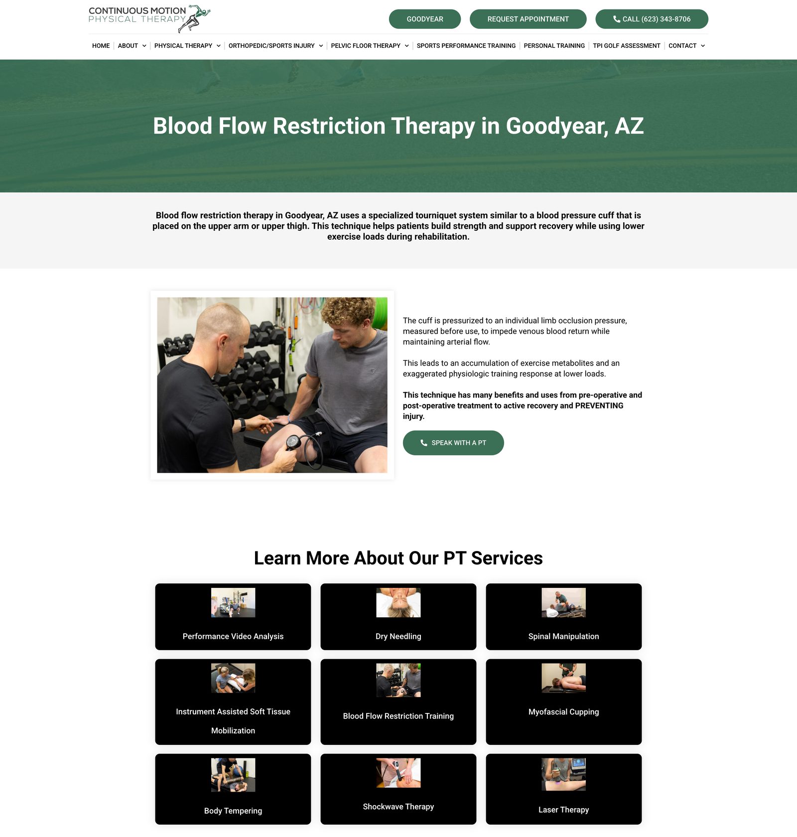 Blood Flow Restriction Therapy service page showing the treatment explanation and a cross-sell grid linking to the clinic's other eight PT services
