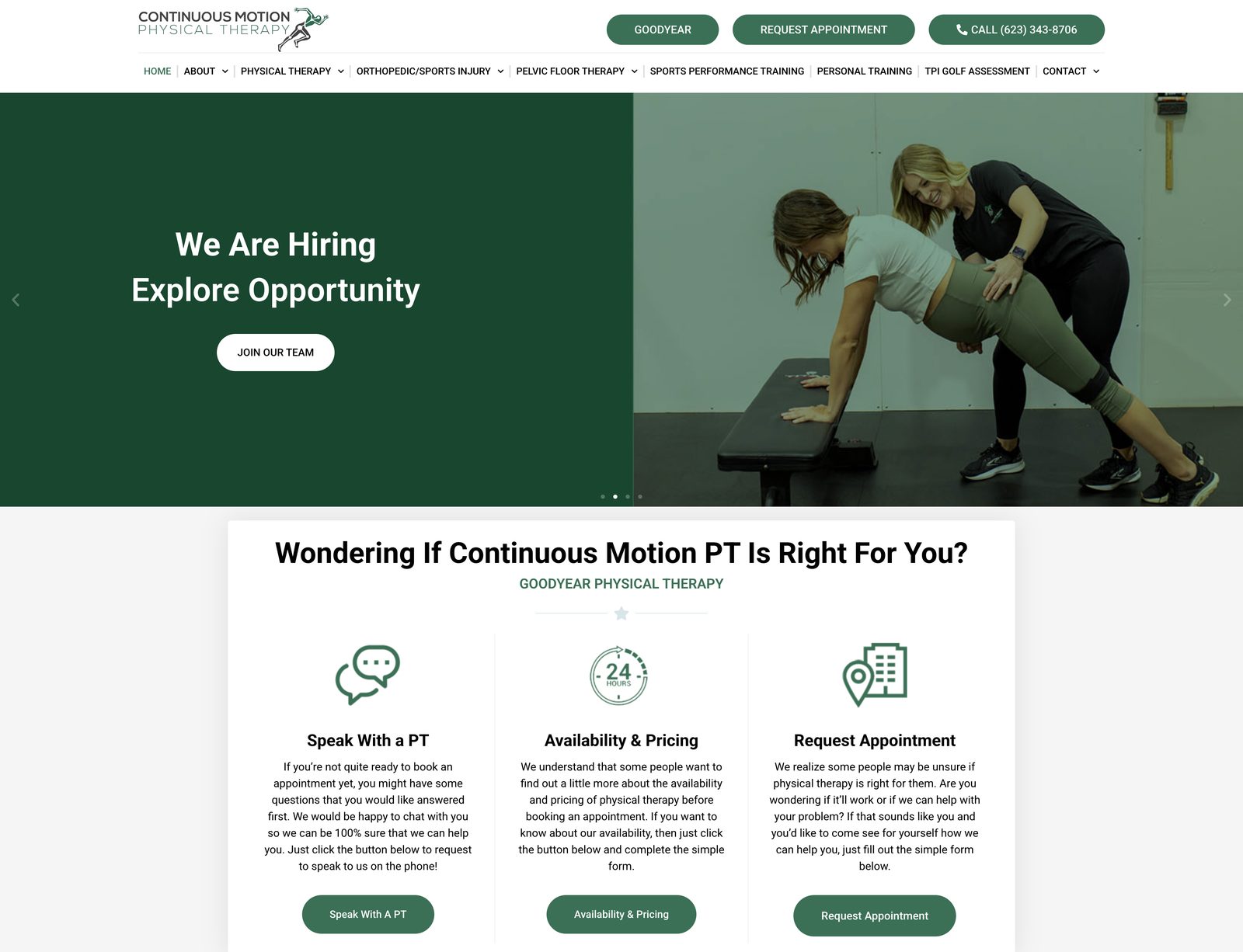 Continuous Motion Physical Therapy homepage hero and three-option triage section for Speak With a PT, Availability & Pricing, and Request an Appointment