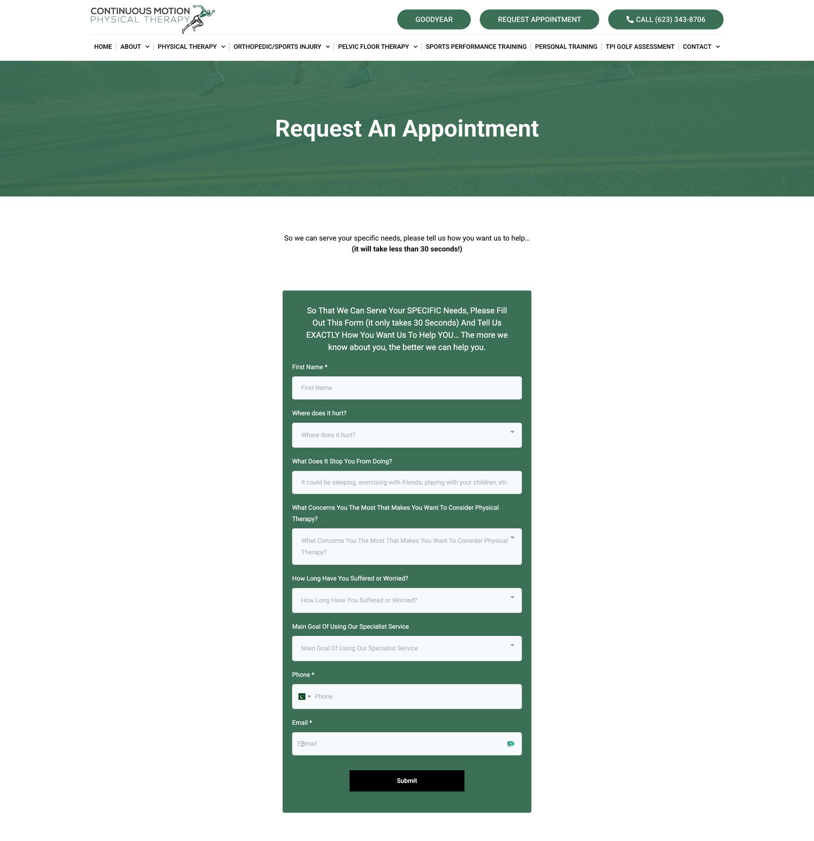 Request an Appointment page showing the multi-step qualifying intake form asking where it hurts, what it stops the patient from doing, and their main goal
