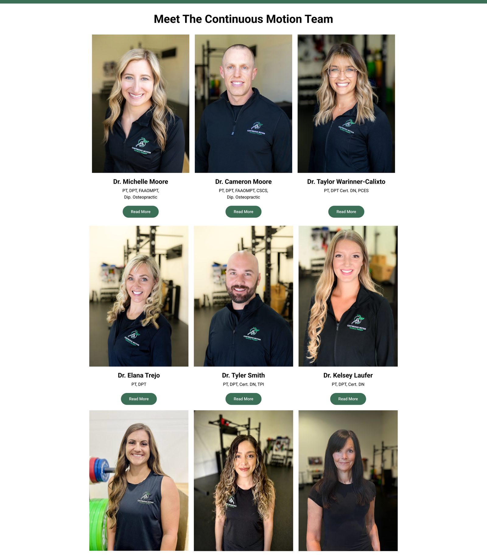 Meet the Continuous Motion Team grid showing photos, names, and credentials for each Doctor of Physical Therapy