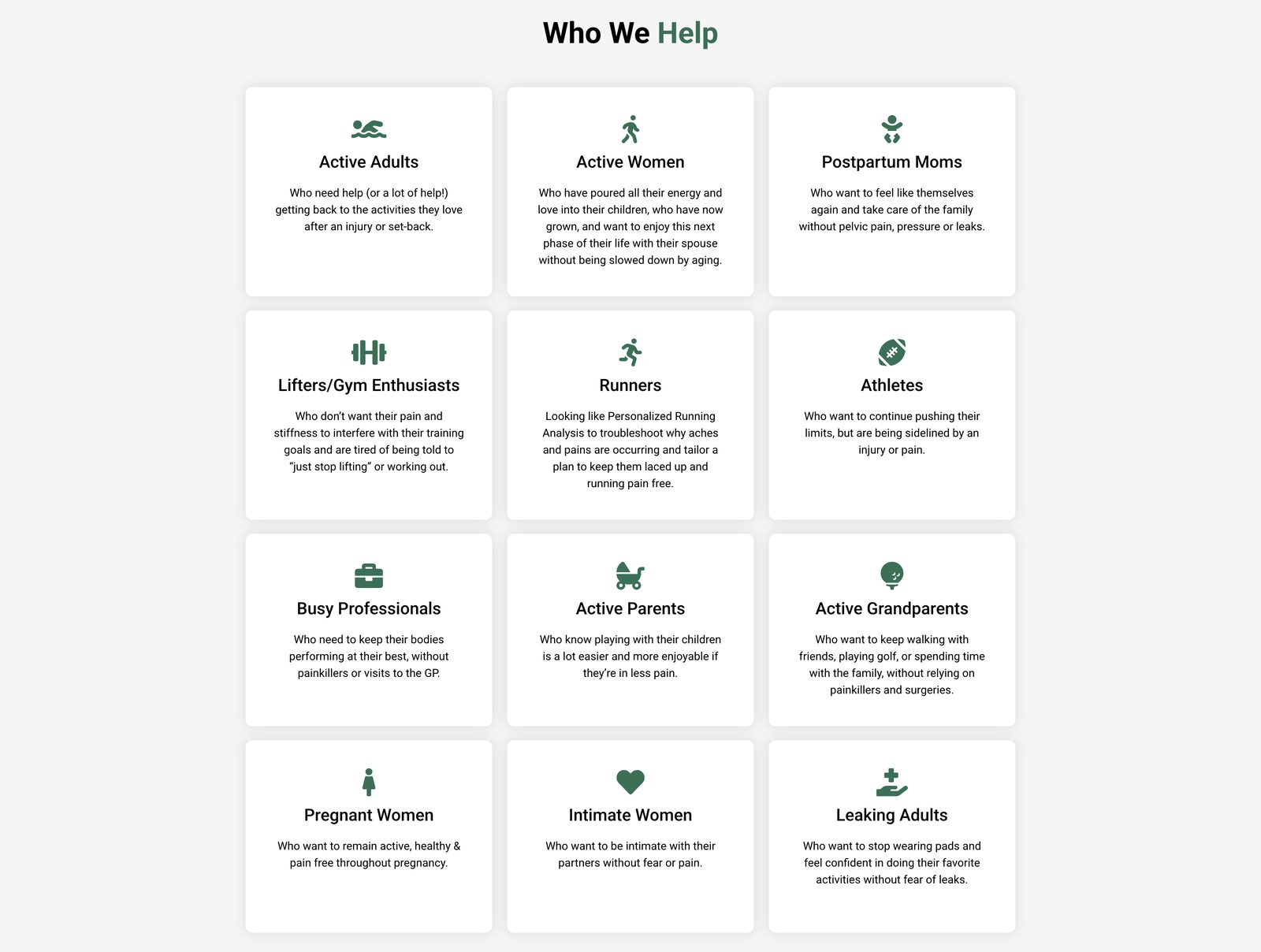 Who We Help page showing twelve patient persona cards including active adults, runners, postpartum moms, and active grandparents