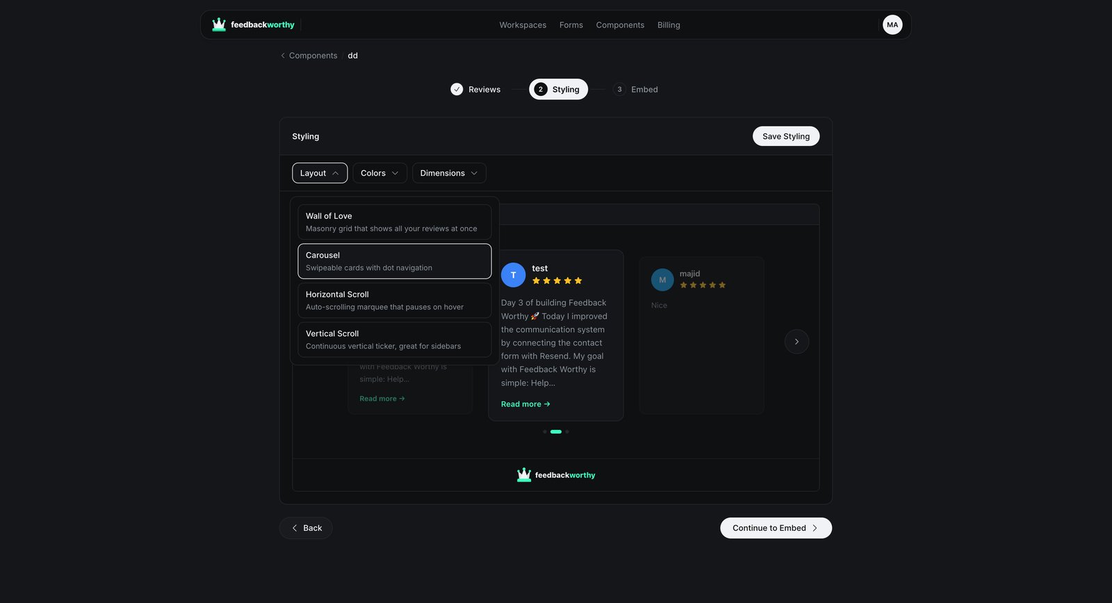 FeedbackWorthy component builder Styling step showing the four layout options with a live preview