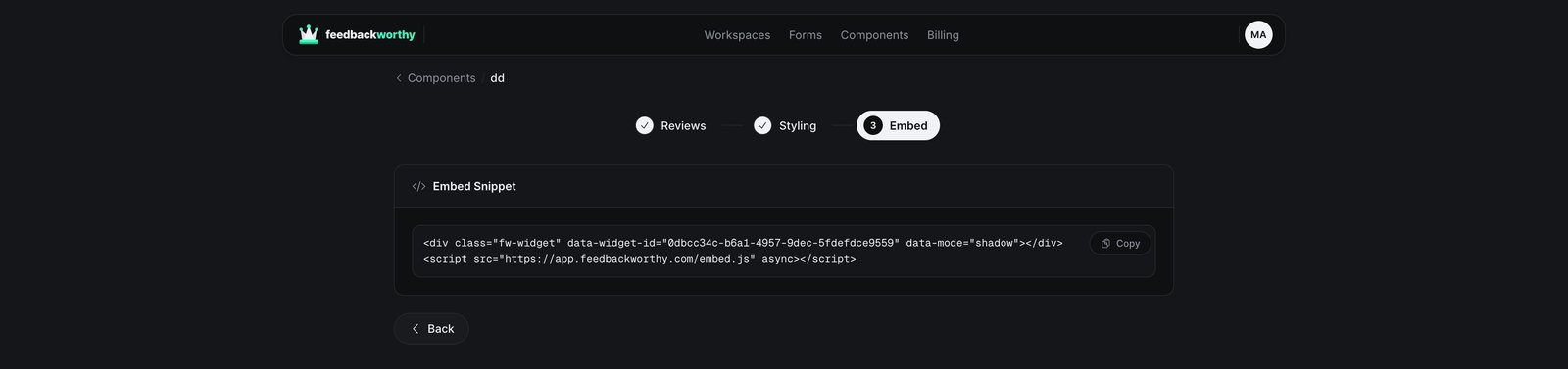 FeedbackWorthy embed snippet step showing the final copy-paste script tag for the widget