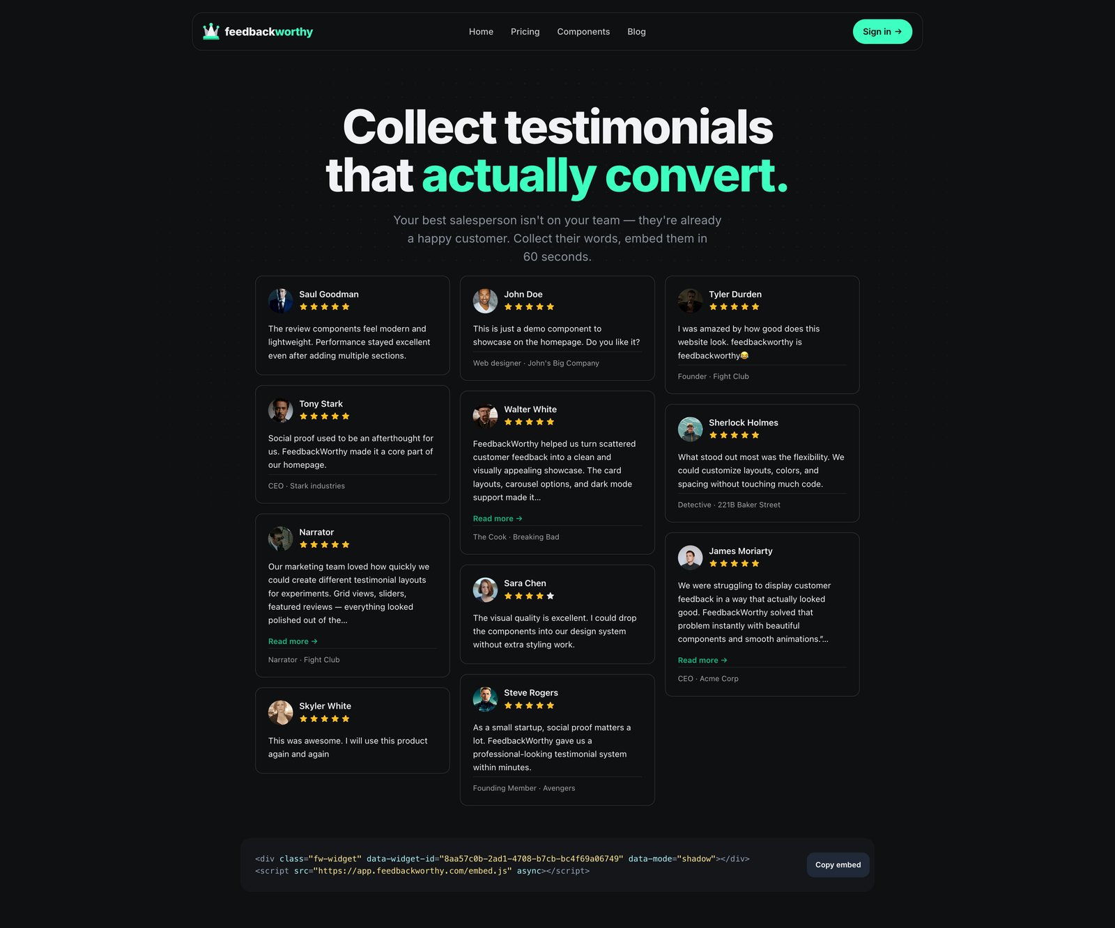 FeedbackWorthy homepage hero with a live Wall of Love testimonial grid and the real embed code snippet