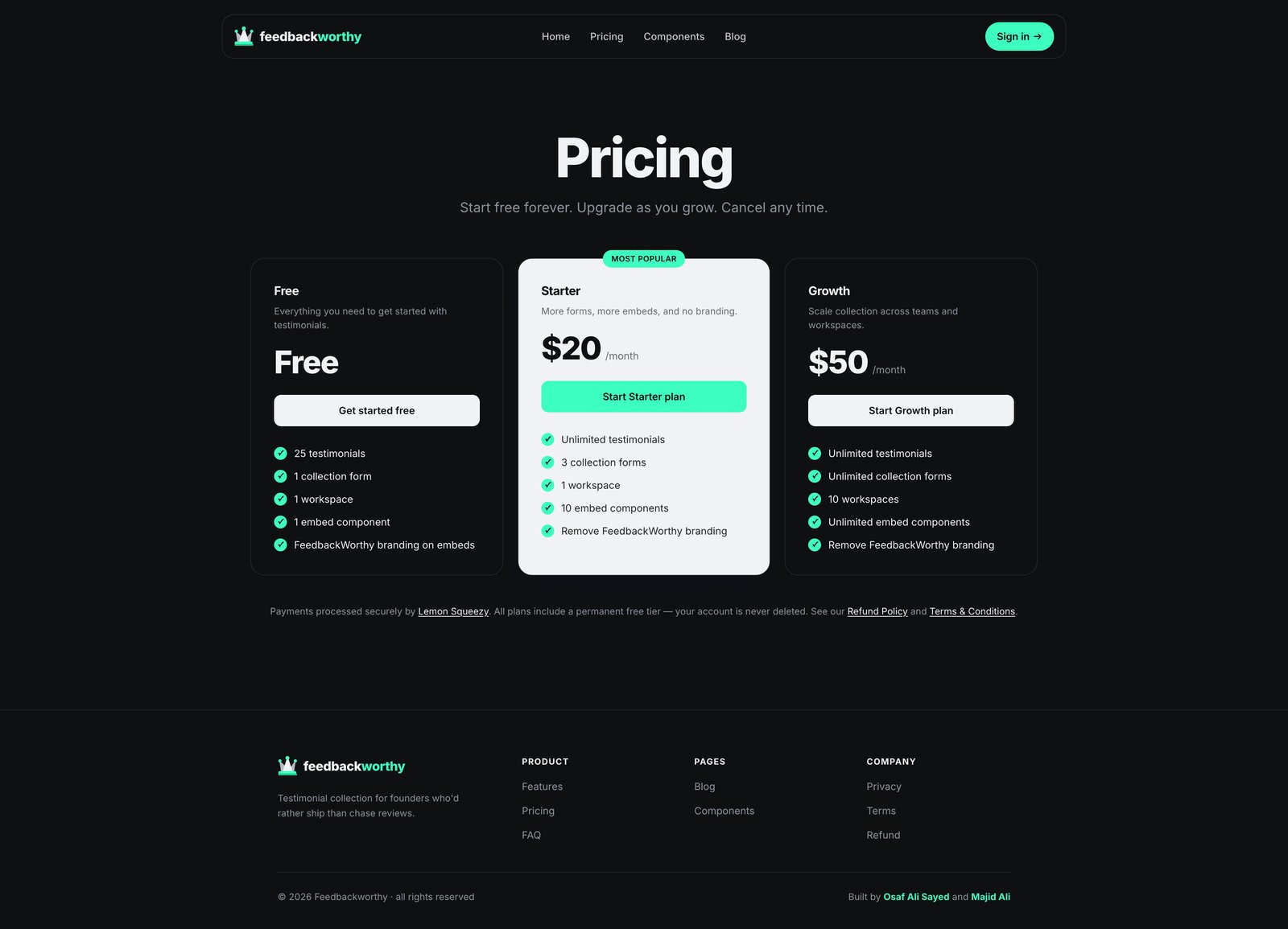 FeedbackWorthy pricing page showing the Free, Starter, and Growth plans with feature breakdowns