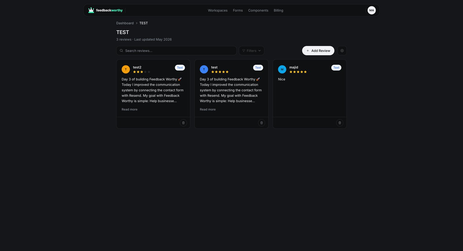 FeedbackWorthy workspace view showing collected testimonials with star ratings and search and filter controls