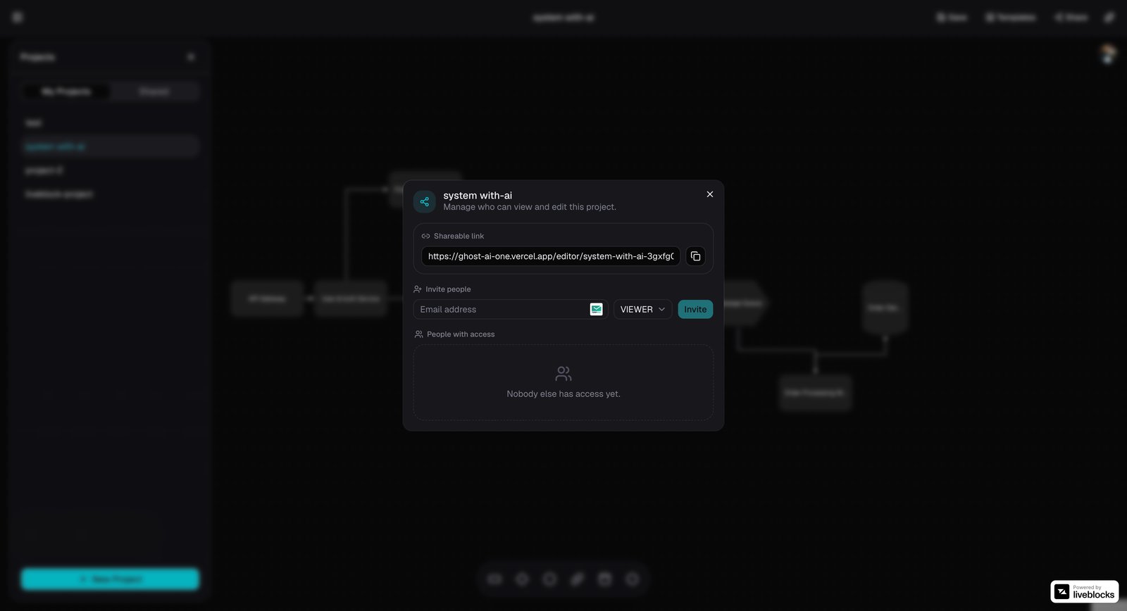 Ghost AI share panel showing a shareable project link, email invites, and role-based access control