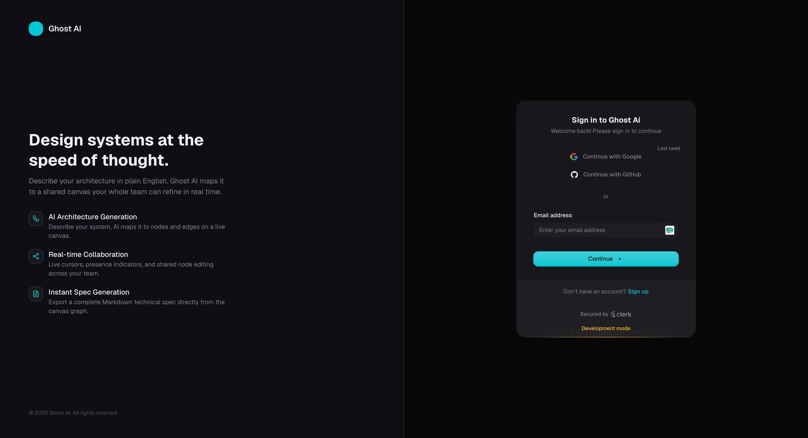 Ghost AI sign-in screen with the "Design systems at the speed of thought" pitch and Clerk authentication
