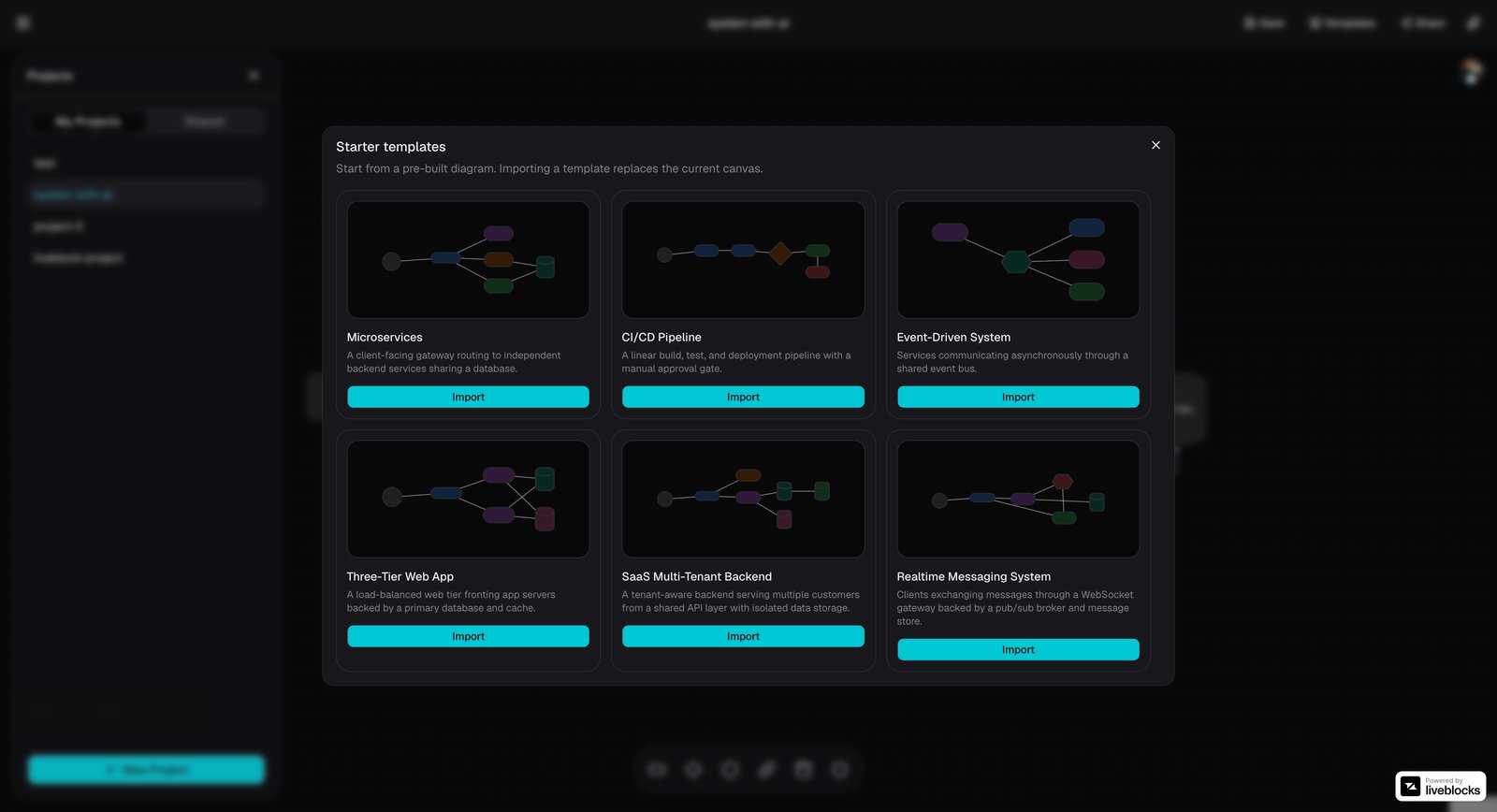 Ghost AI starter templates modal showing six pre-built system architecture templates