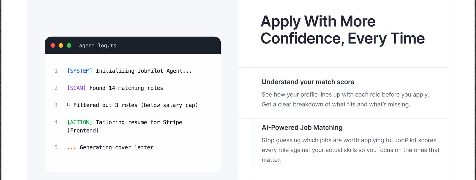 JobPilot landing page section showing a simulated agent log and the "AI-Powered Job Matching" feature explanation
