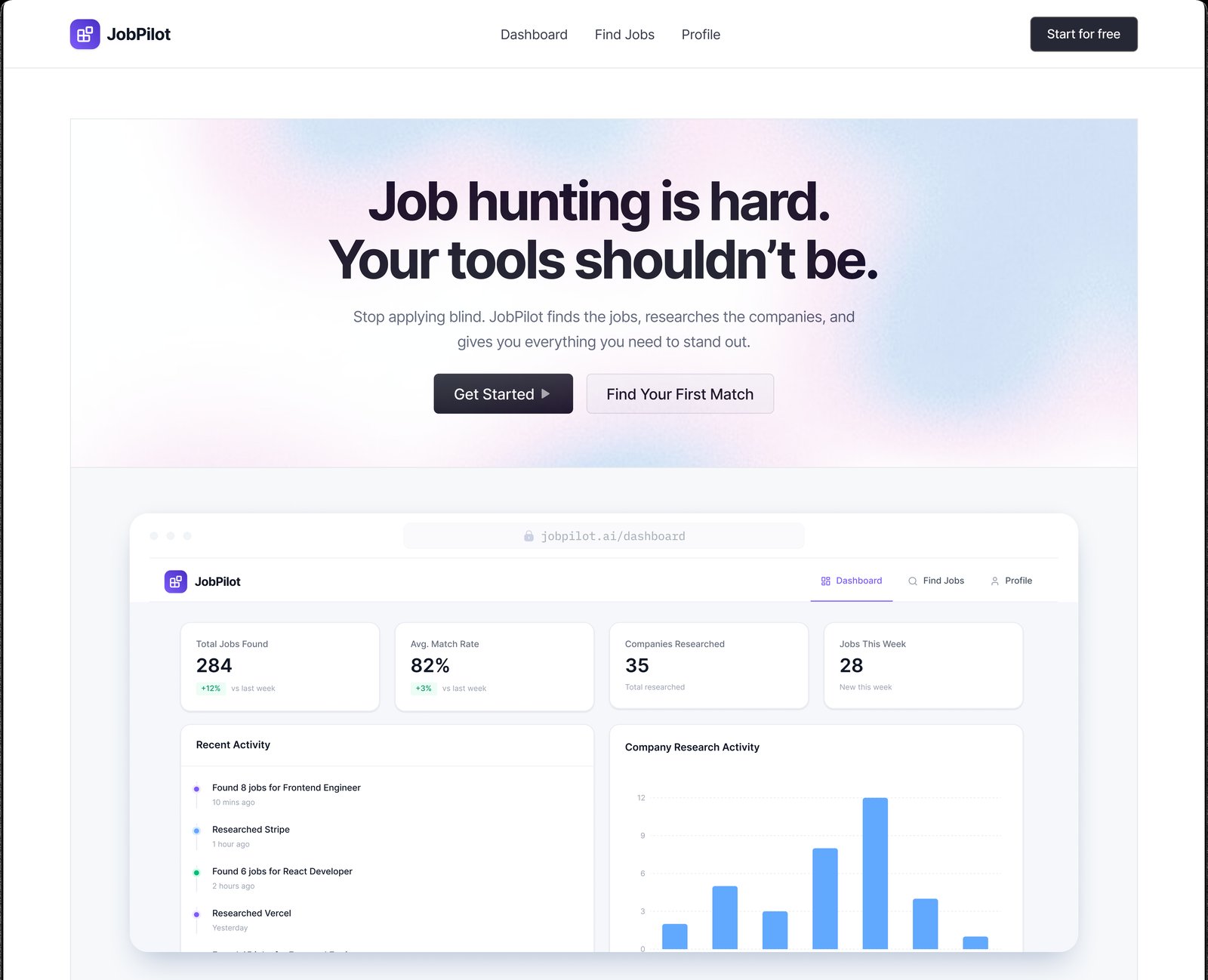 JobPilot landing page hero with "Job hunting is hard" headline and a live dashboard preview