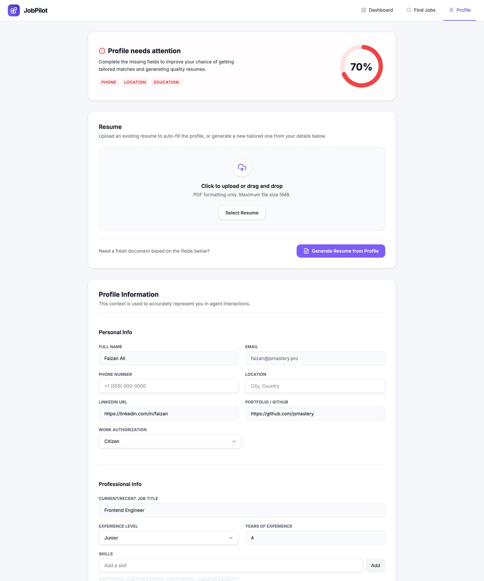 JobPilot profile page showing a completeness score, resume upload, and auto-filled personal and professional information