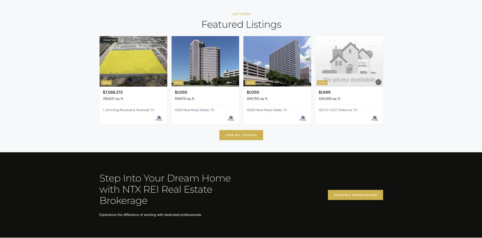 NTX REI Featured Listings grid pulling live MLS data, including a graceful "no photo available" placeholder