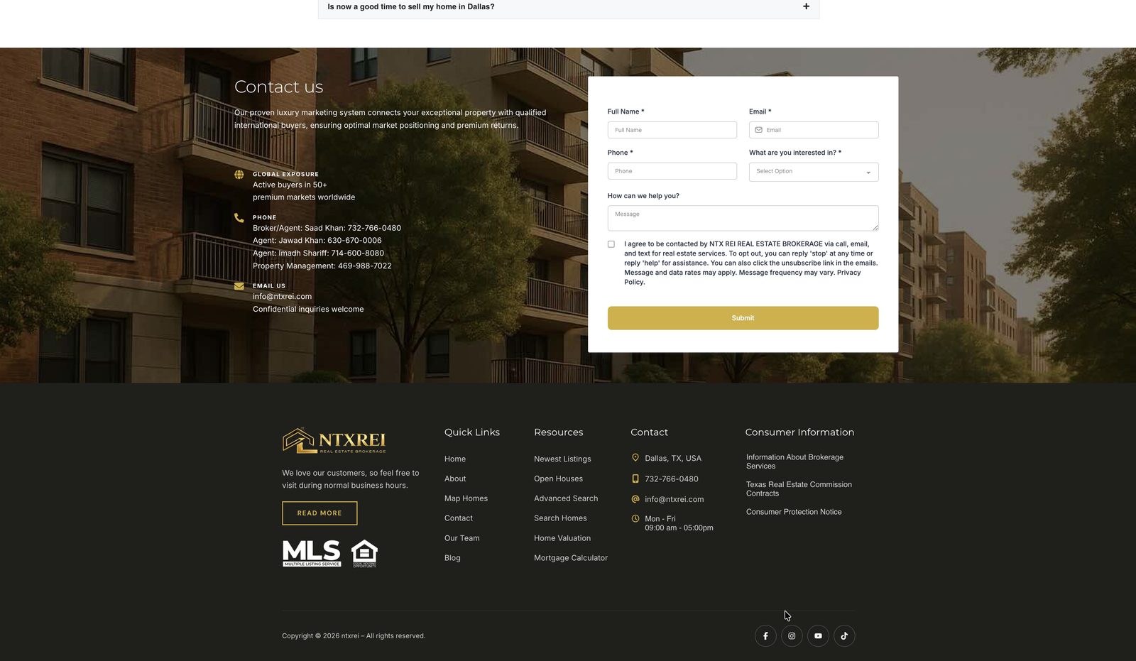 NTX REI contact form with SMS/email consent checkbox, agent roster, and footer showing MLS and Equal Housing logos