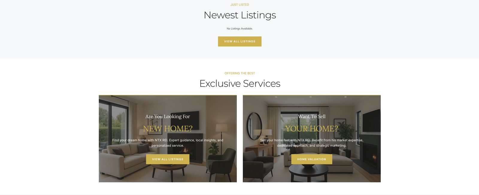 NTX REI "Exclusive Services" section split between finding a new home and getting a home valuation to sell