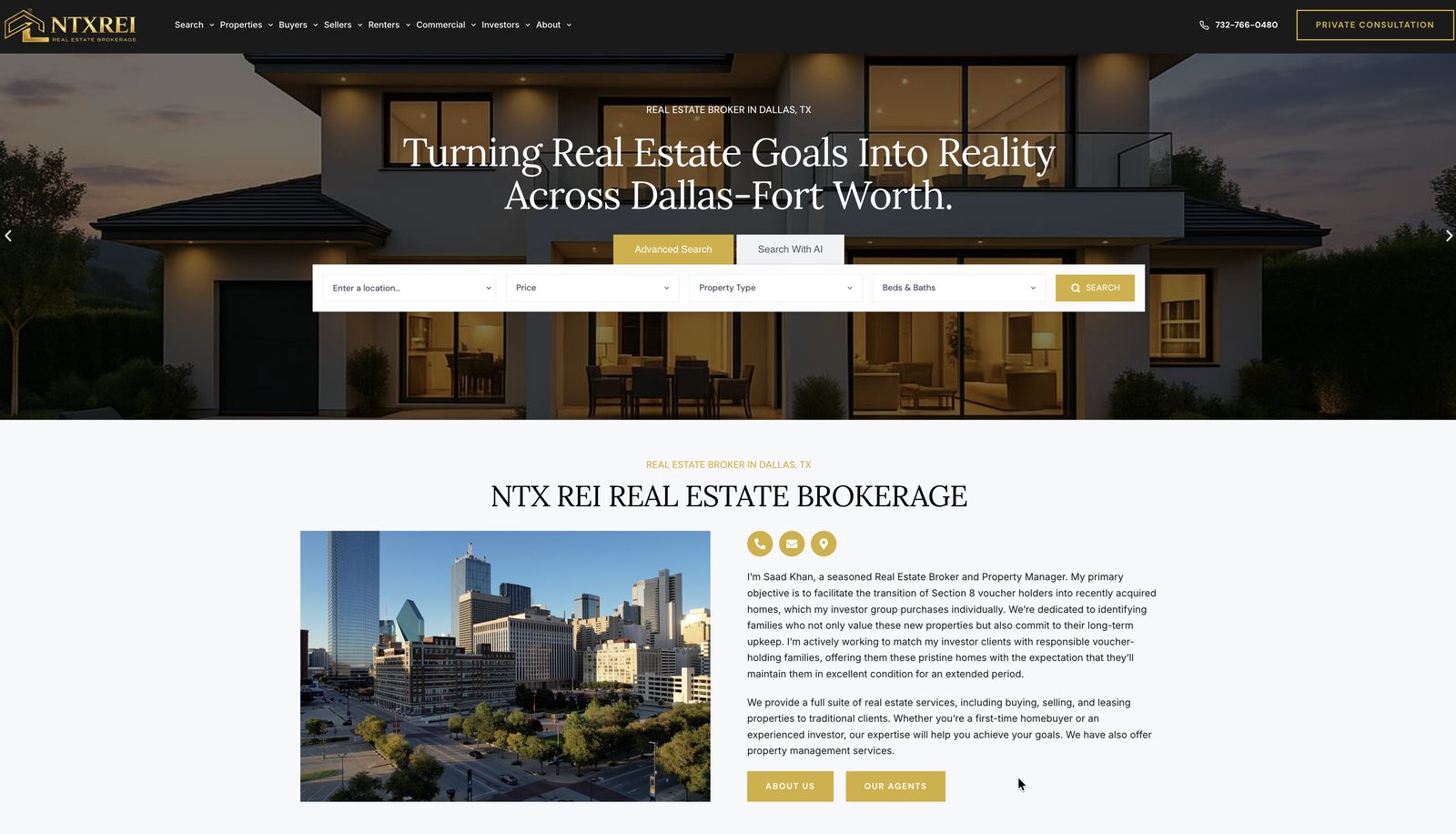 NTX REI homepage hero with search bar and the "NTX REI Real Estate Brokerage" introduction section