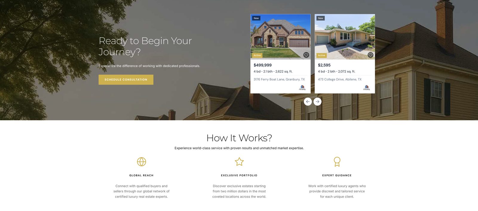 NTX REI live MLS listing cards with pricing, alongside the "How It Works" trust section