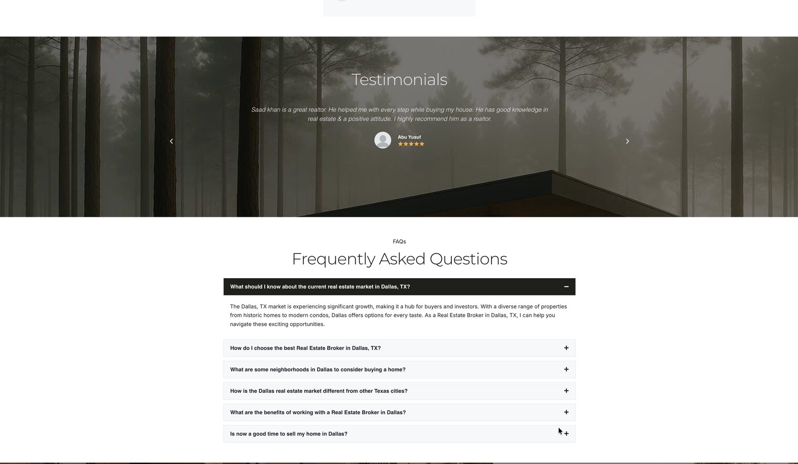 NTX REI testimonials carousel and Dallas-Fort Worth specific FAQ section
