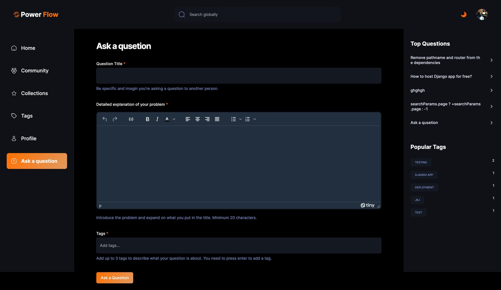 Power Flow "Ask a Question" form with a rich text editor and a tag input