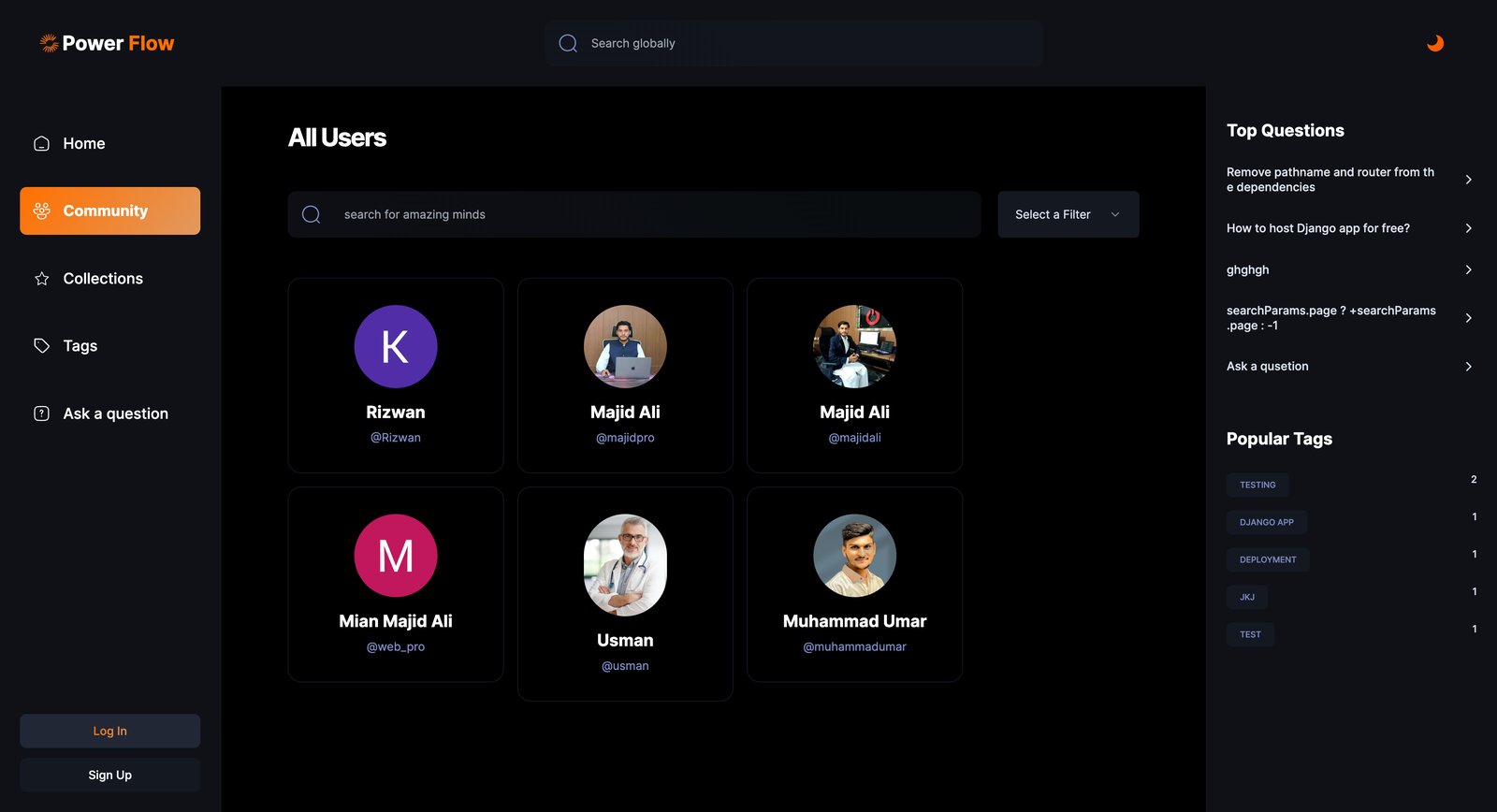 Power Flow Community page showing a searchable directory of all registered users