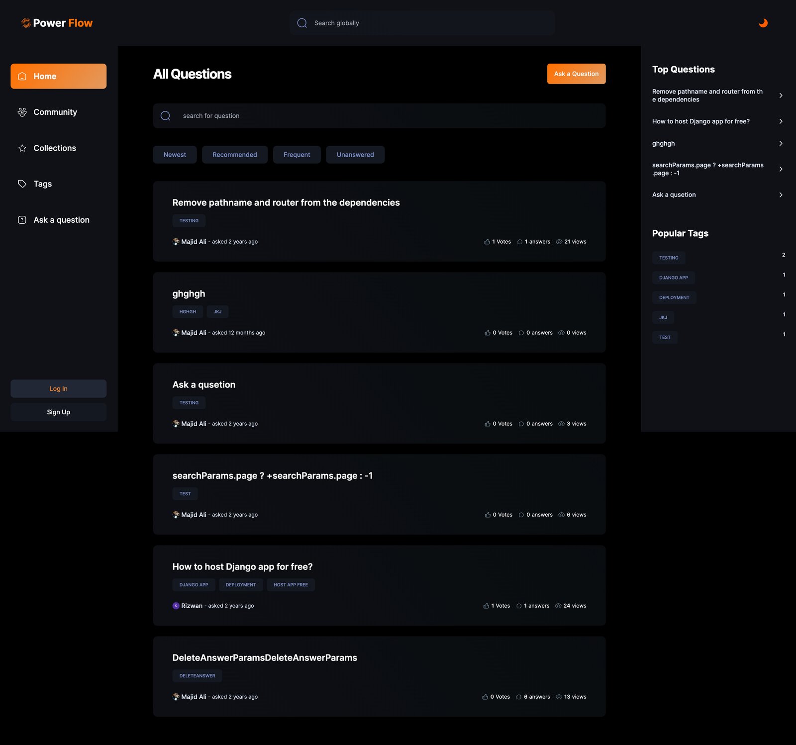 Power Flow home feed showing All Questions with filter tabs, vote counts, and a Top Questions and Popular Tags sidebar