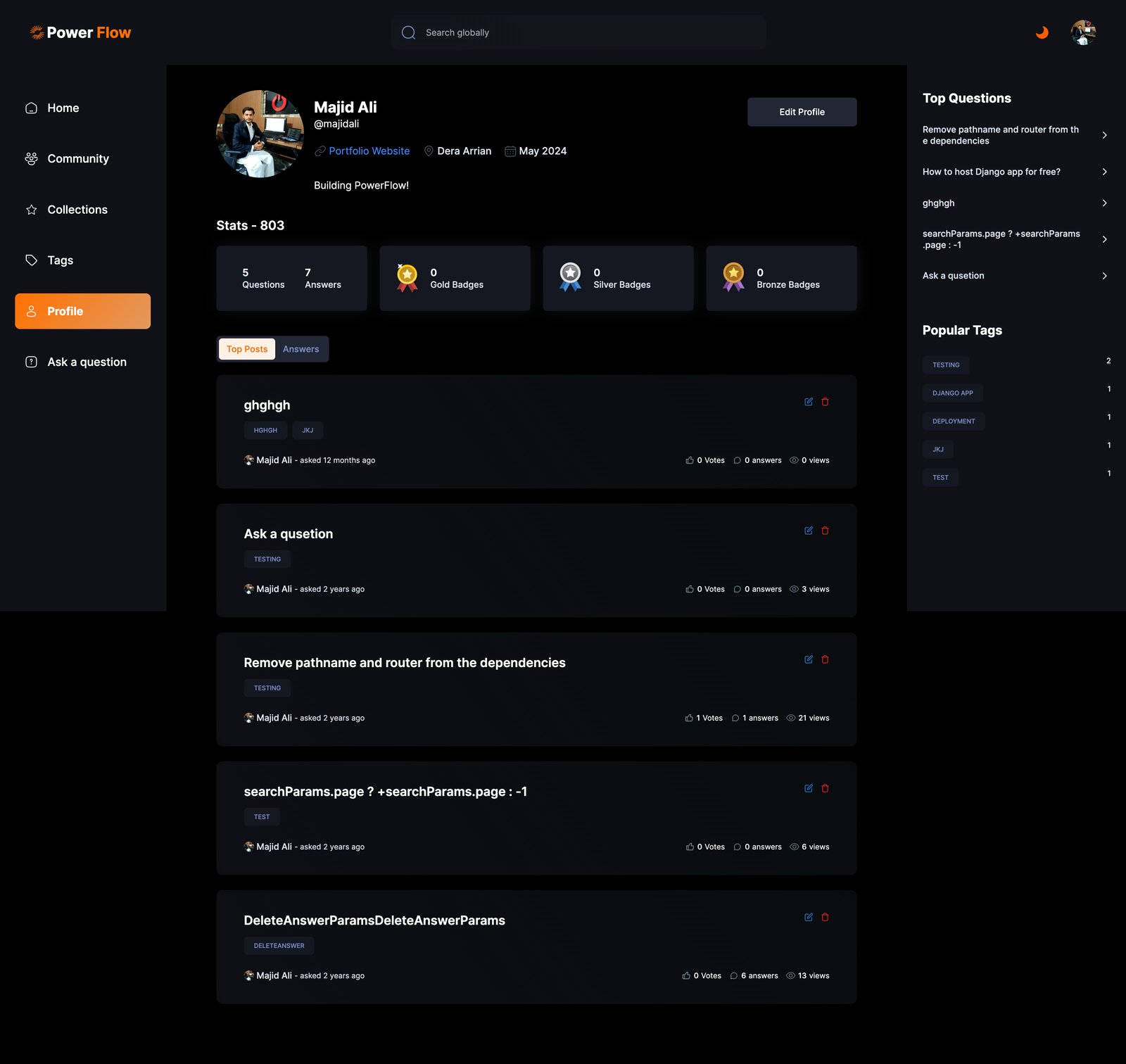 Power Flow profile page showing reputation stats, badge counters, and a user's post history