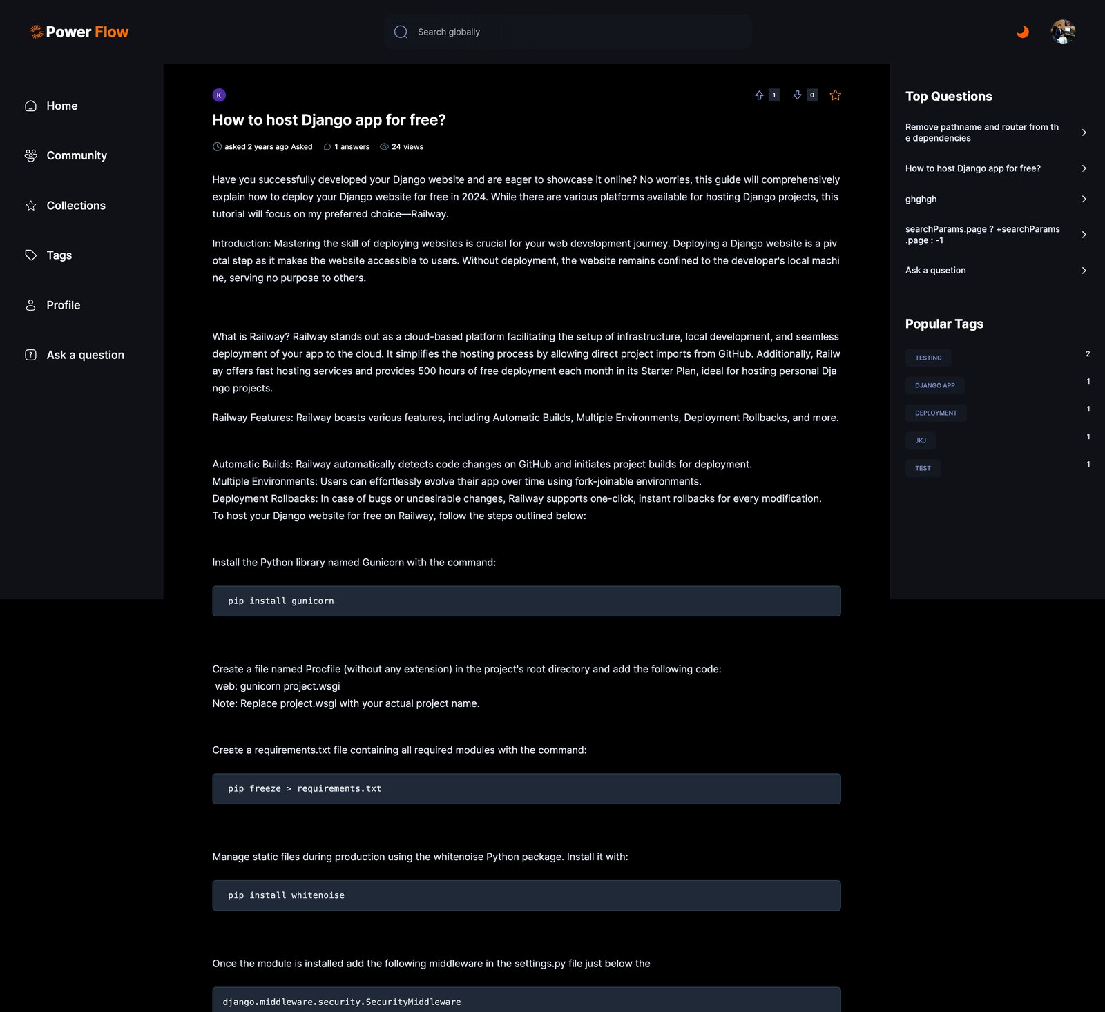 Power Flow question detail page with a formatted answer including multiple code blocks and terminal commands