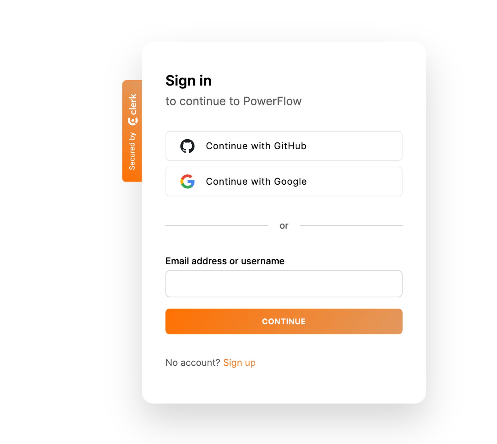 Power Flow sign-in screen powered by Clerk, with GitHub and Google OAuth options