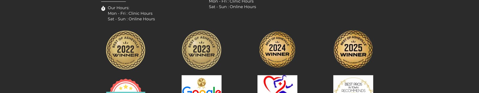 WildHawk Physical Therapy footer showing Best of Asheville 2022-2025 award badges and trust badges